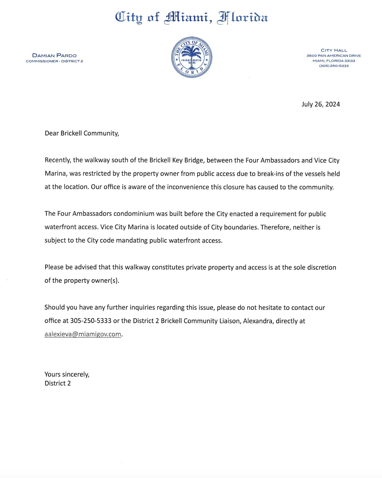 Statement from Commissioner Pardo on Marina Walkway Closure 