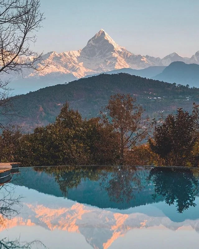 Incredible early morning views and breakfast @tigermountainpokharalodge Truly a incredible place to stay with an unobstructed view of the Himalayas. The large, pointy peak is Machhapuchare, but aptly nicknamed The Fishtail, and is off limits to climb