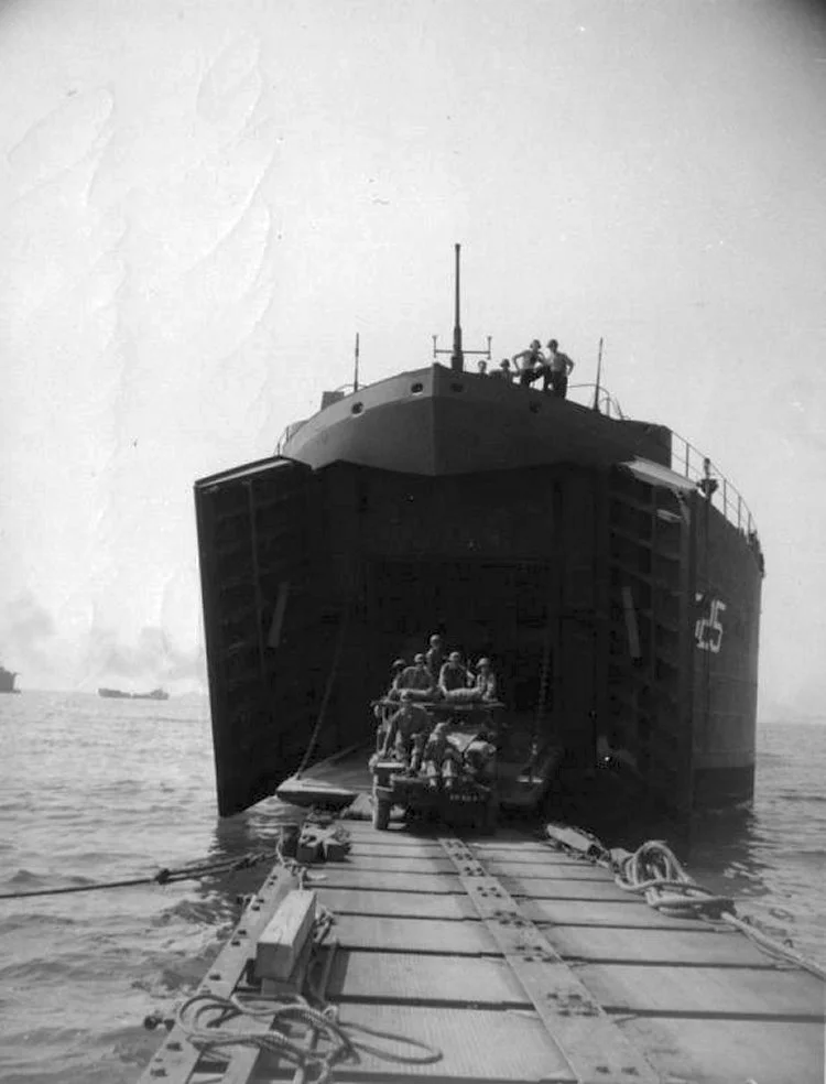 Unloading across pontoon causeway at Salerno, September 1943
