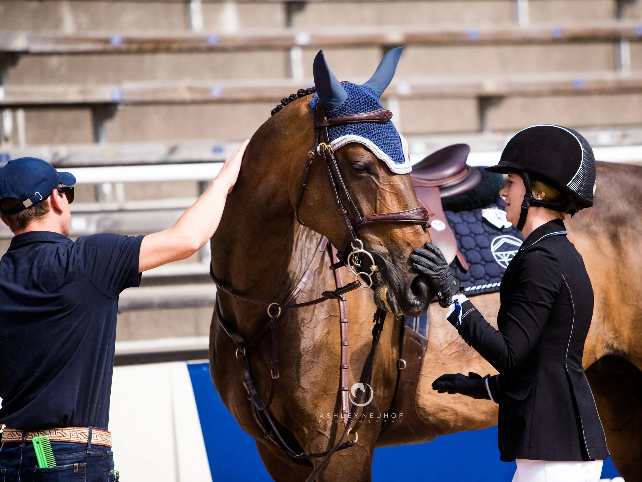 Jenn Gates and Hermelien Vd Hooghoeve with the Evergate Stables team at Longines Global Champions Tour of Stockholm 2019. Photo by Ashley Neuhof Photography.