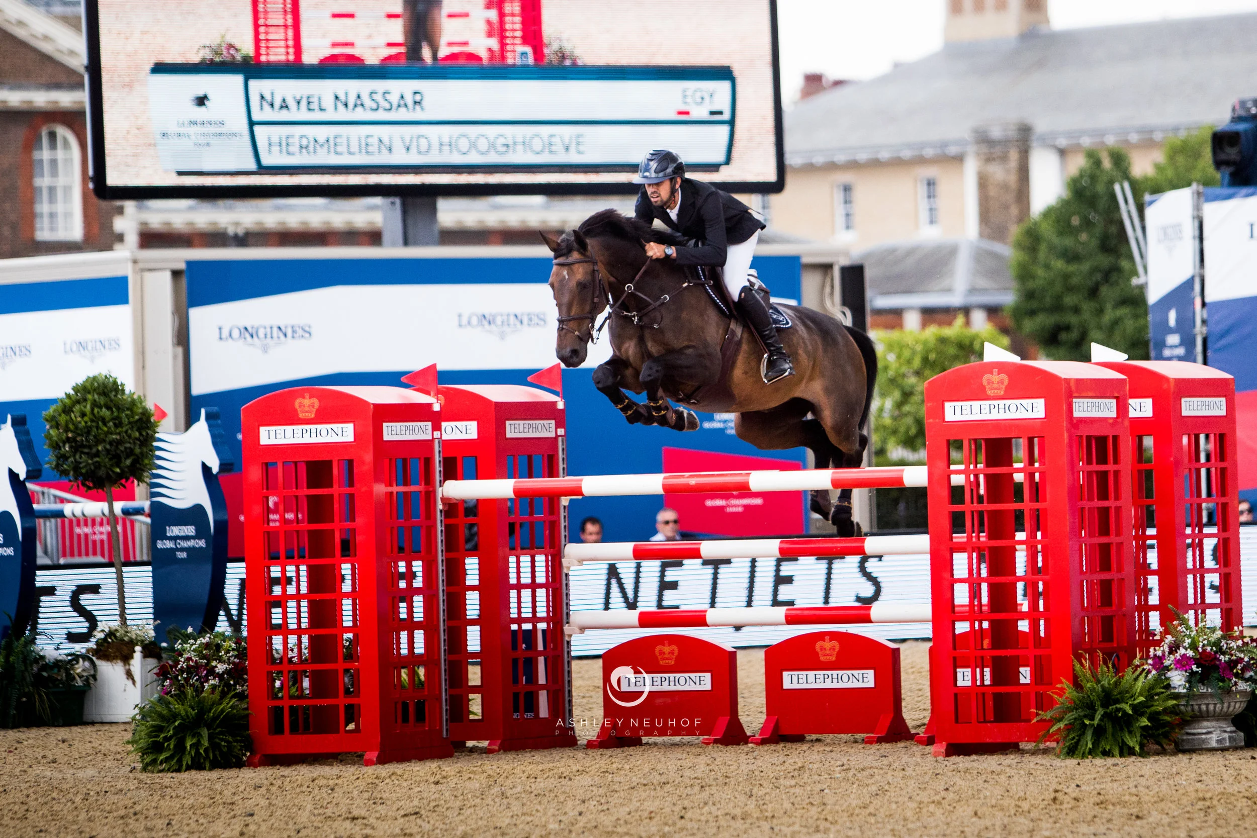 Nayel Nassar and Hermelien Vd Hooghoeve at Longines Global Champions Tour of London 2019. Photo by Ashley Neuhof Photography.