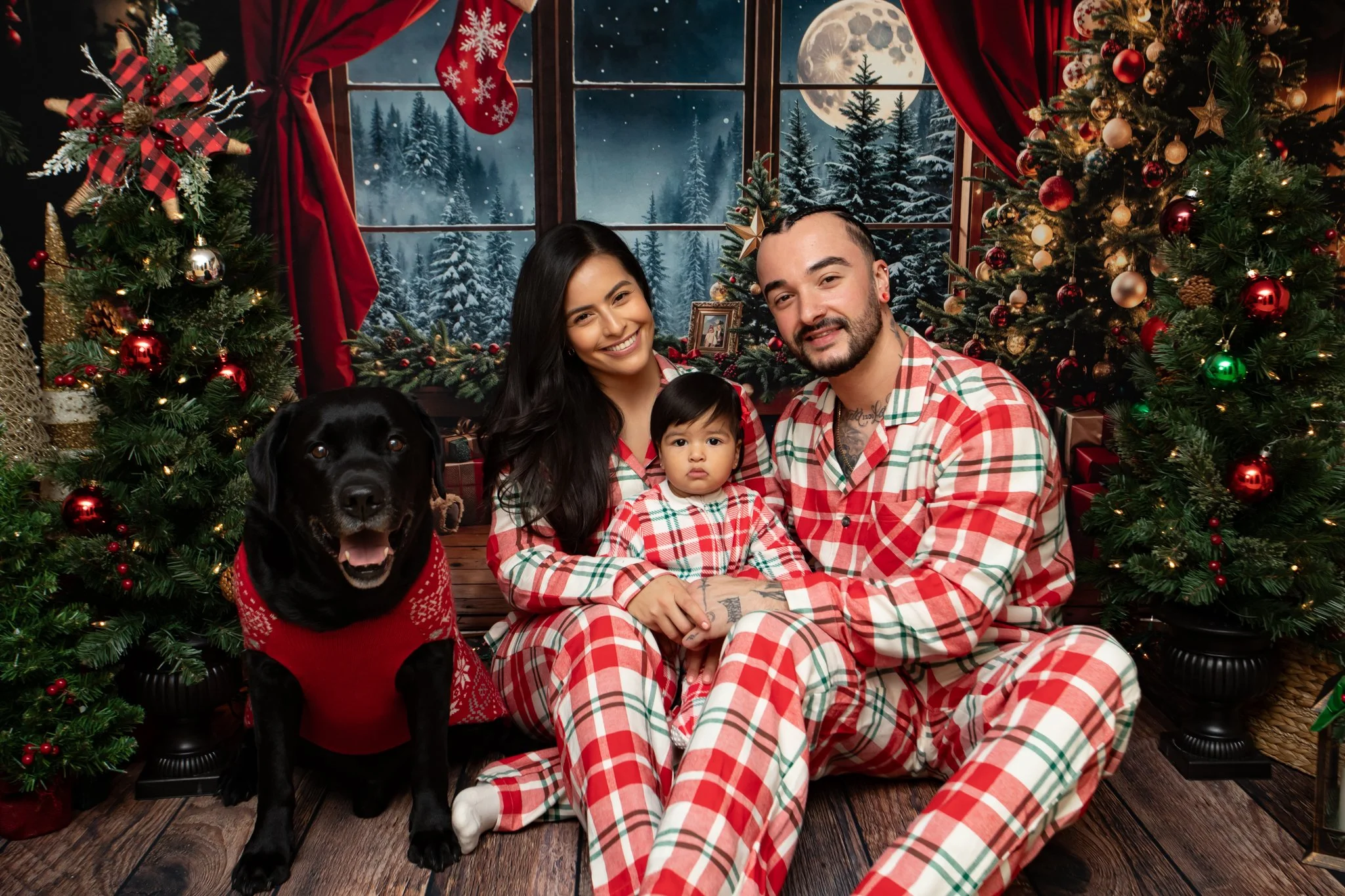 A family of three, with a dog, sitting in front of a Christmas tree and window with a snowy winter scene and a full moon, dressed in matching red, green, and white plaid pajamas.