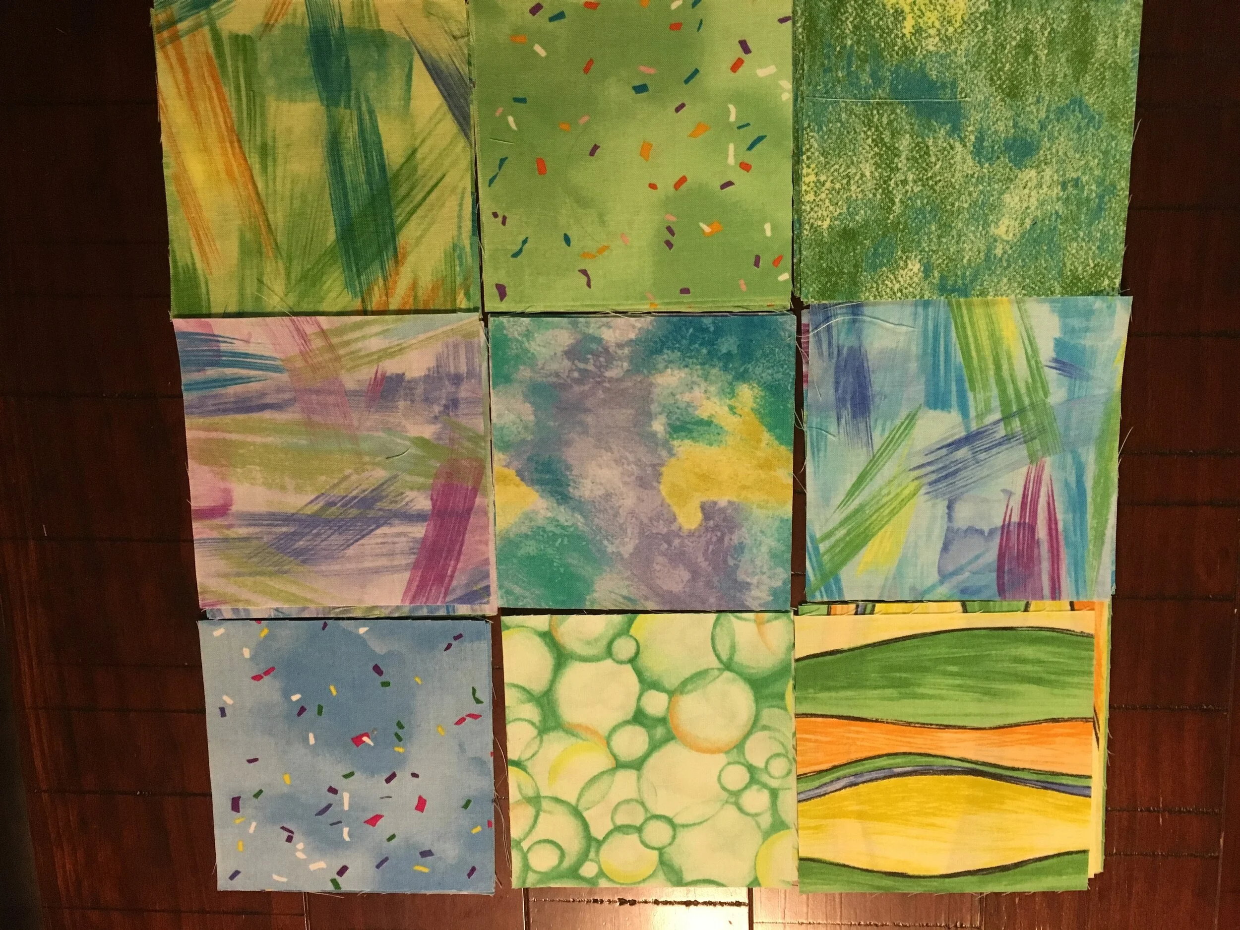 5" Squares - 27 total, 9 different prints Green/Yellow/Blue