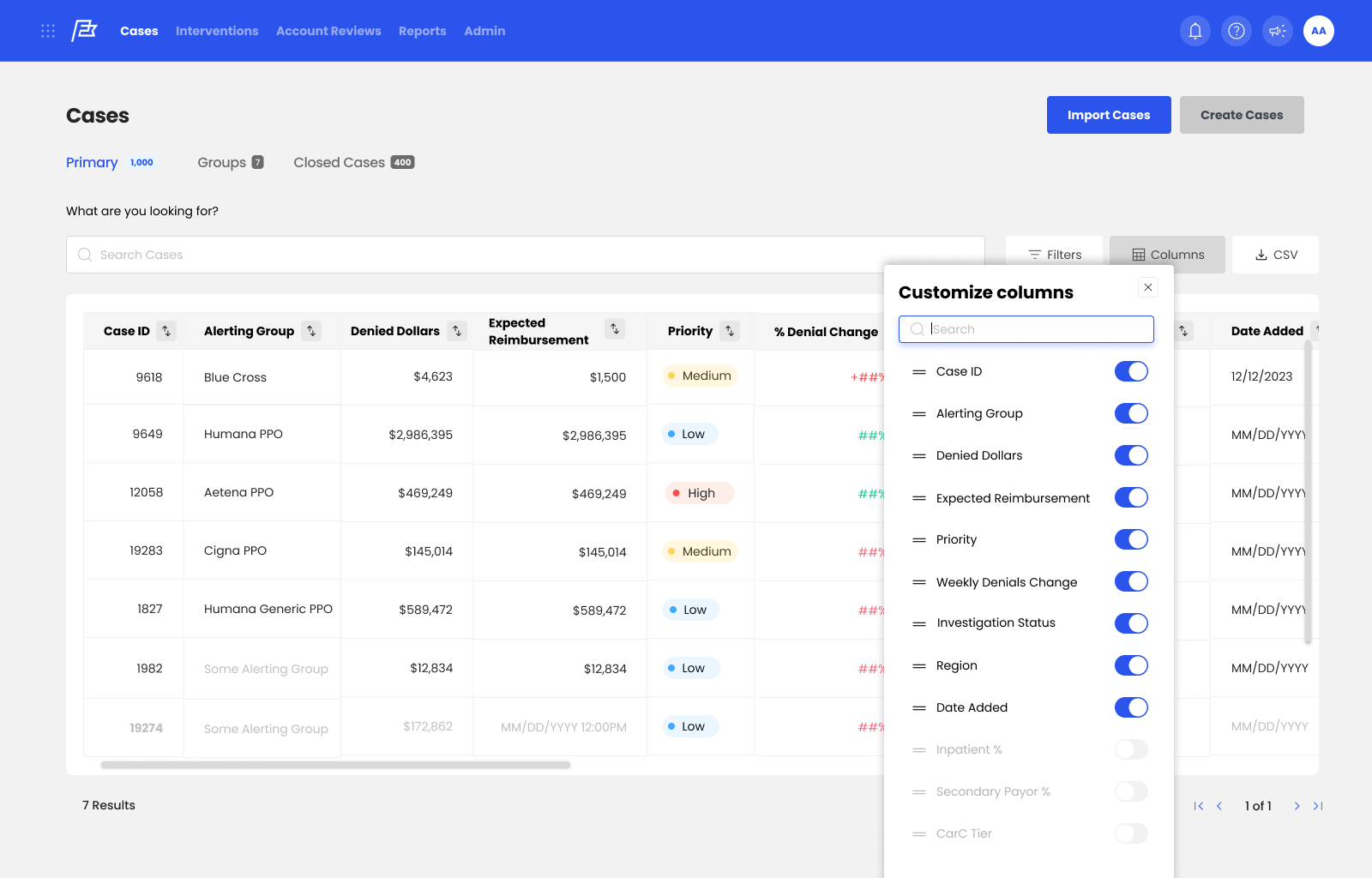 Redesigned case list with financial metrics, priority indicators, and an open column customization panel for choosing visible fields.