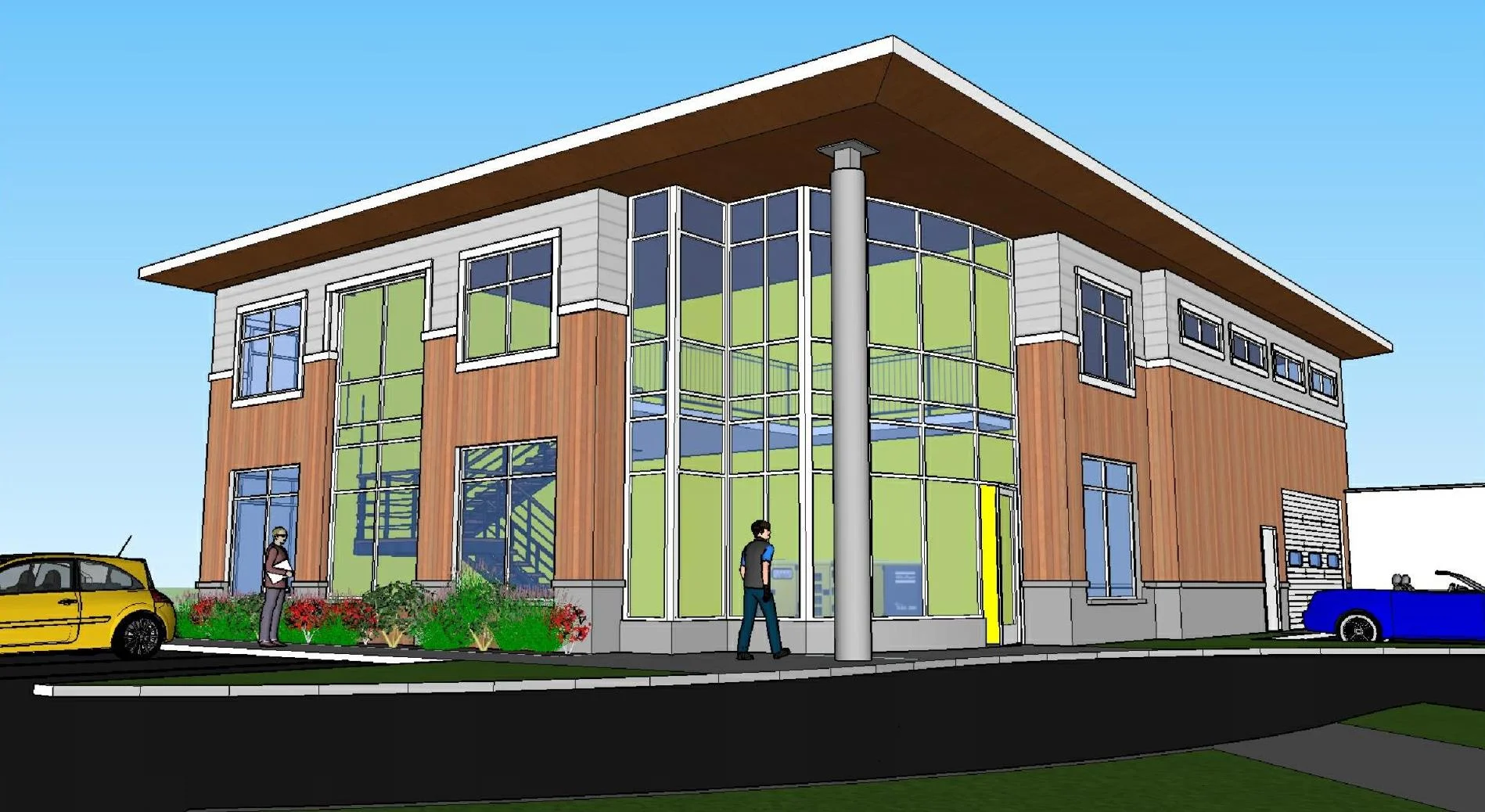 Building at end of entry drive with storefront 2-story gallery space which displays company equipment and also serves as a focal point for the Cedar Grove ensemble of buildings.