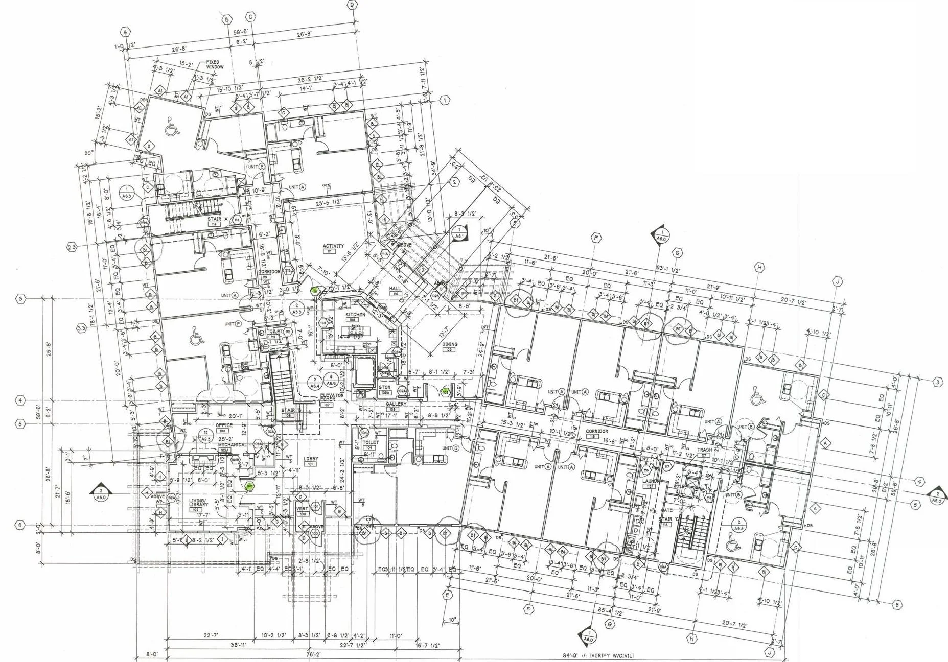 First floor plan with living room, activity &amp; dining rooms as well as apartment units connected to outdoor private terrace