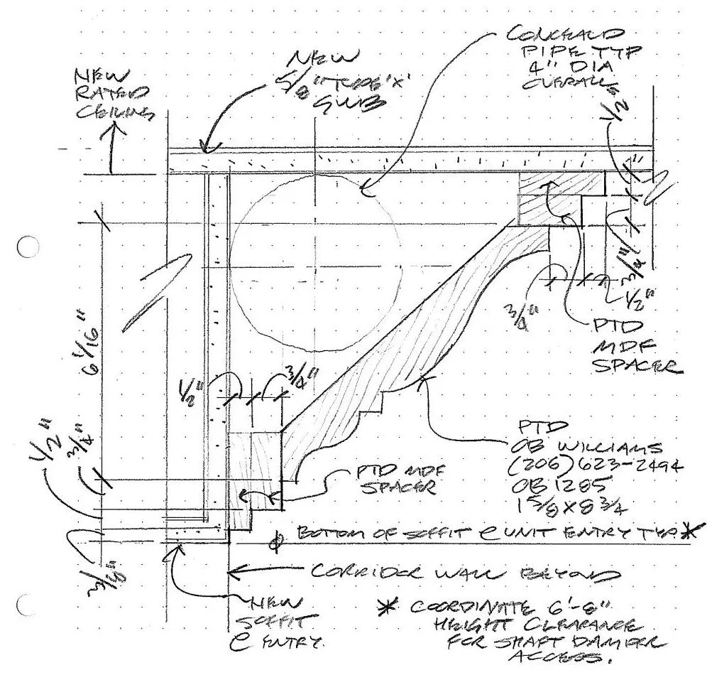 Added corridor trim detail for concealment of new plumbing main line.