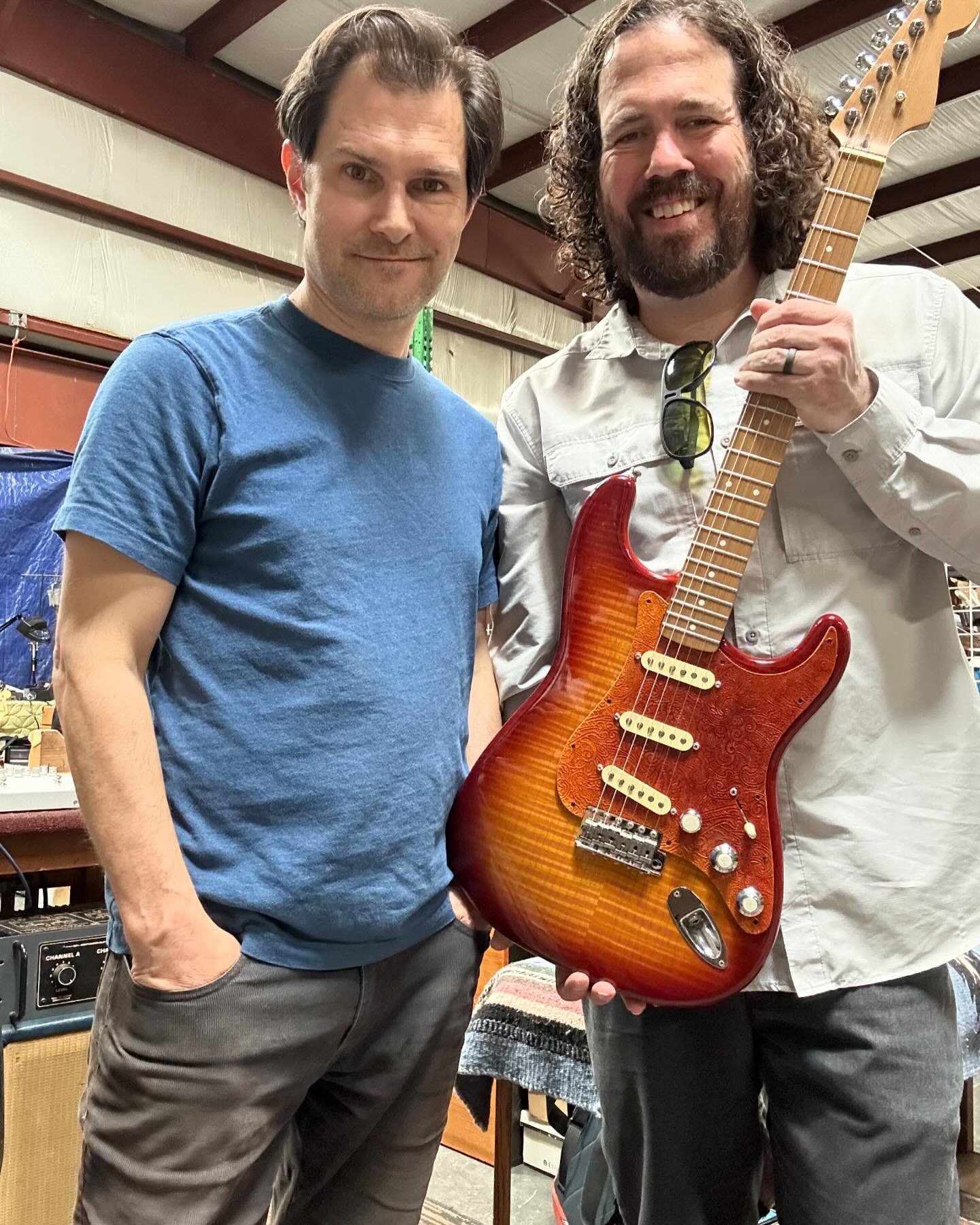 Took the Strat that I recently posted into @micahmandolundy. Micah made an absolutely stellar custom leather pickguard for it. It&rsquo;s right at home on this instrument. Hit Micah up if you want one for your guitar.  BTW, playing a free show at @op
