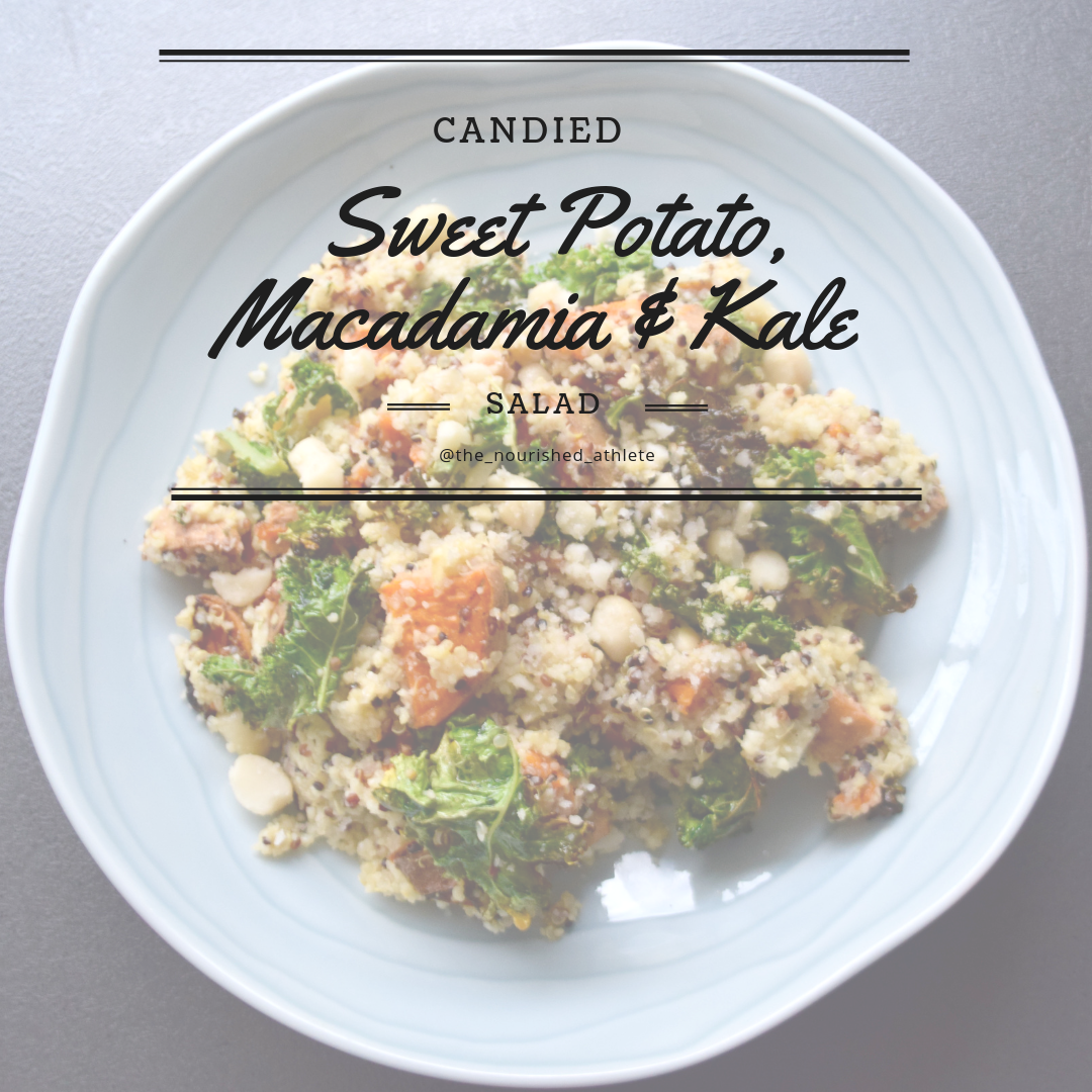 Candied Sweet Potato, Macadamia &amp; Kale Salad. 