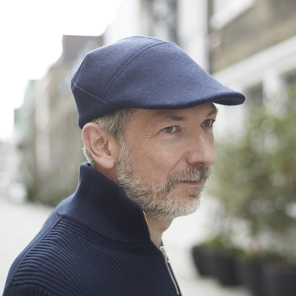   ‘Selby’ flat cap in navy Shetland wool.   Photo by James Champion 