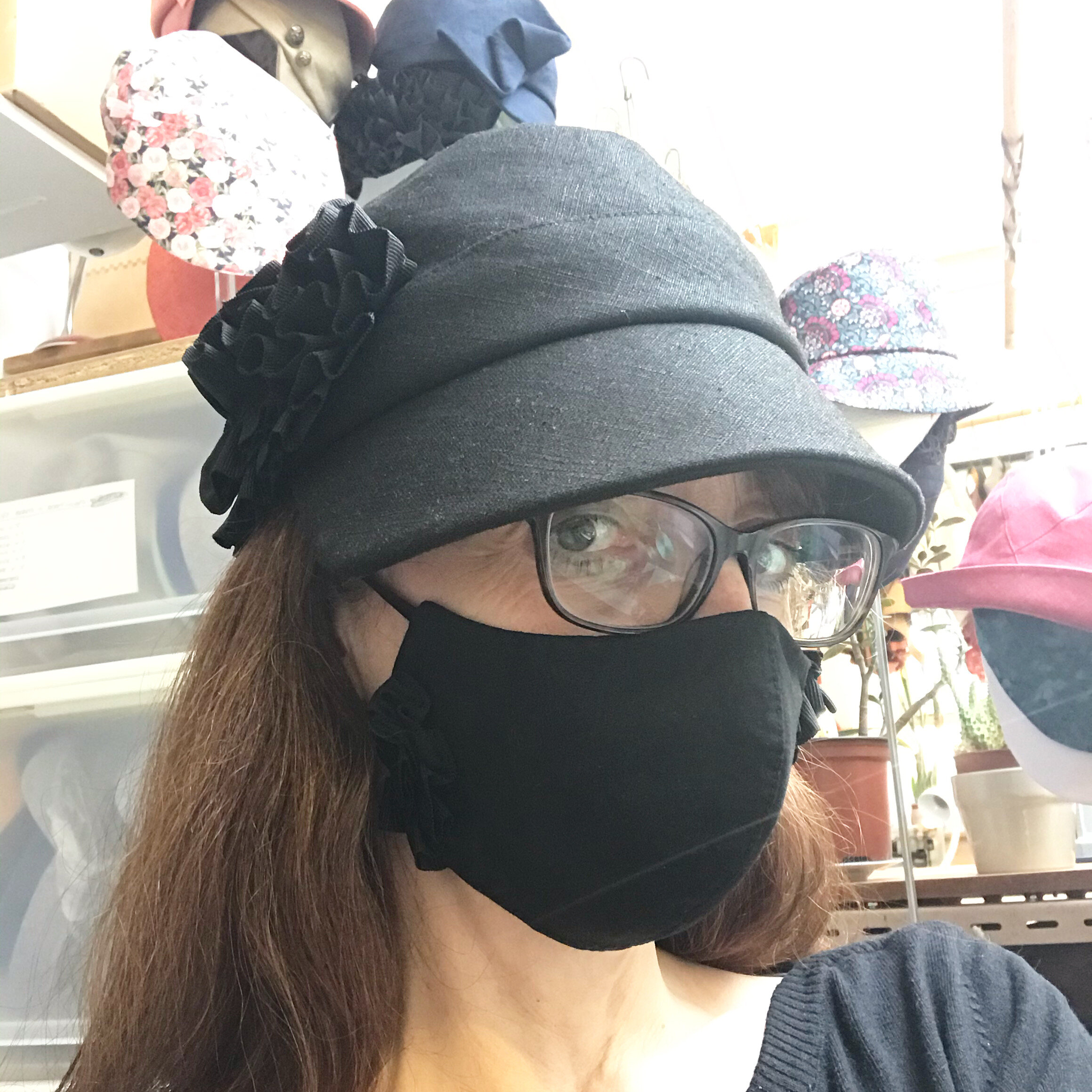  A rare selfie! Wearing  ‘Norah’ peaked cap in black linen  with co-ordinating face mask in black cotton 