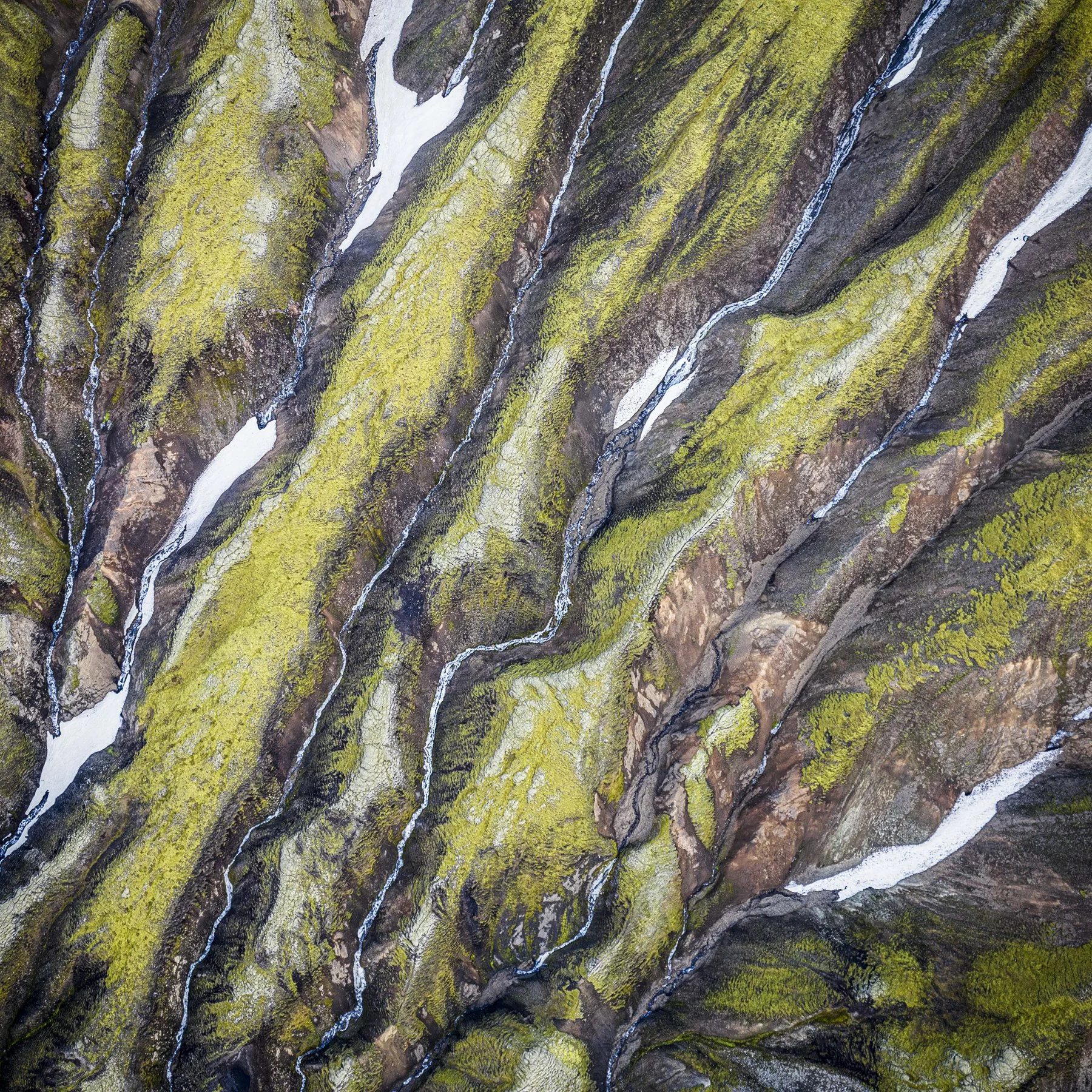 Melt. Landscape photograph of mountain side after snow melt reduced to sweeping organic forms and contrasting earth tones, exploring the visual qualities of erosion, pattern and texture.