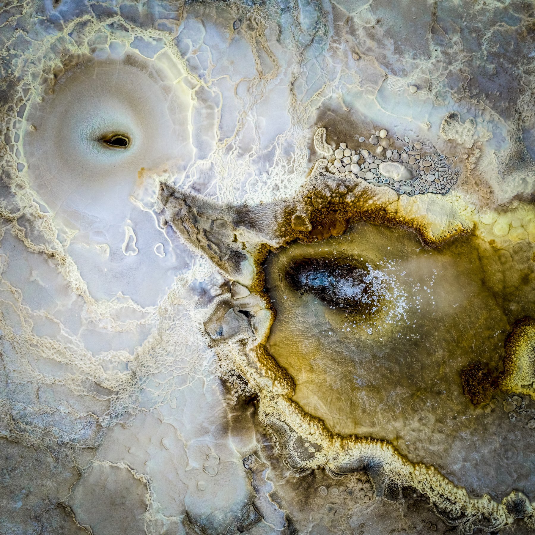 Fire & Ice. Abstract photograph of hot springs and mineral deposits and natural forms, using an elevated perspective to create a composition of pattern, texture and tonal contrast.