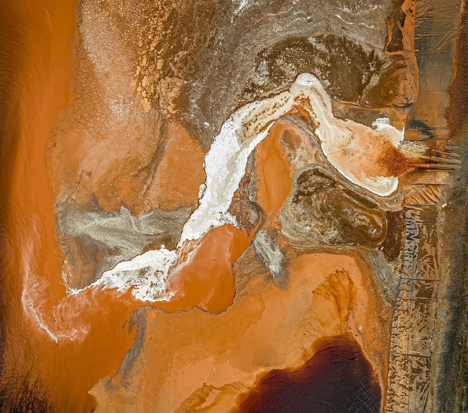 End Times. Photograph of a richly patterned landscape of Australian Tailing Ponds from Aluminium manufacturing and the pollution associated with it, reduced to contrasting areas of colour, texture and organic form through an elevated viewpoint.