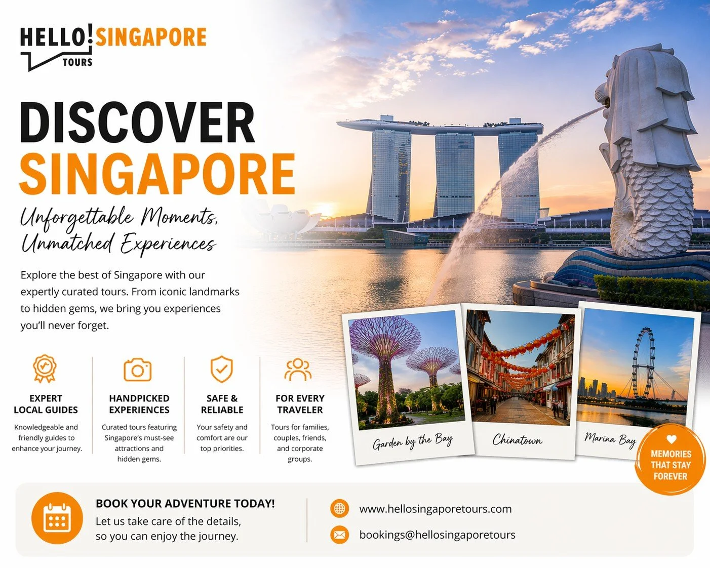 Merlion statue with Marina Bay Sands skyline in Singapore at sunset