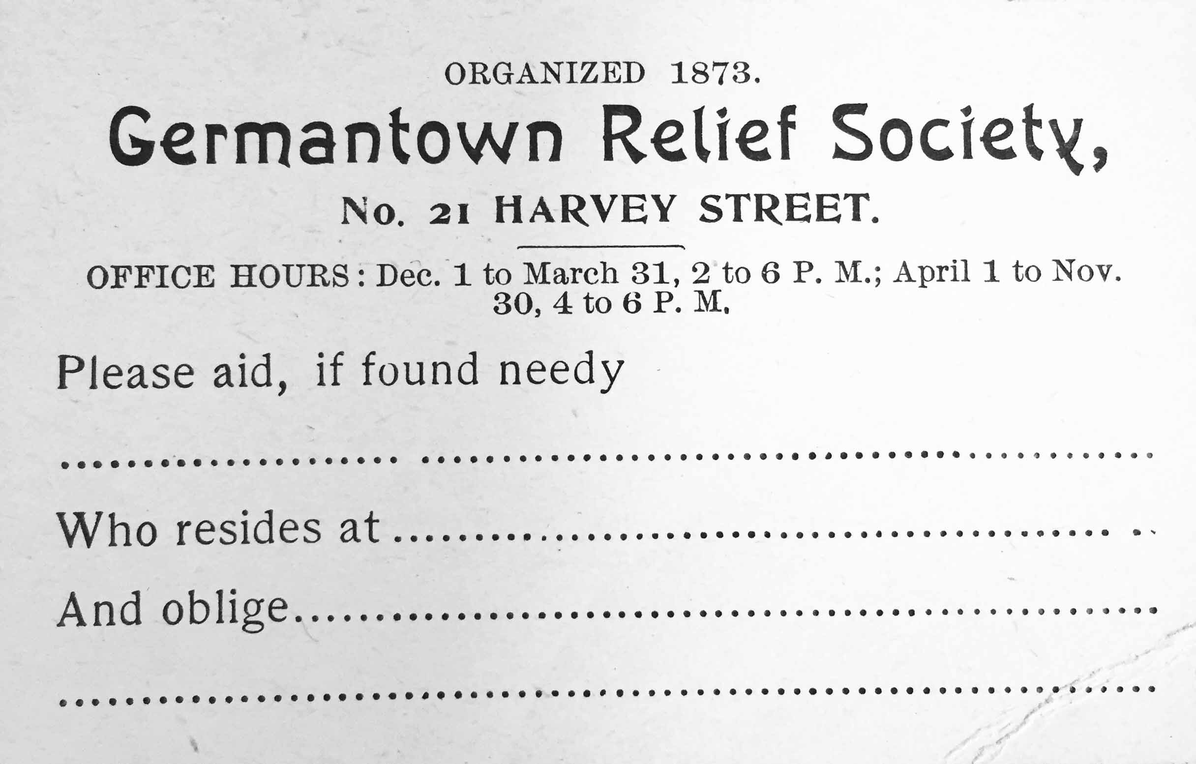  Figure 14:  Example of a card given to those in need by community members. (Germantown Historical Society) 