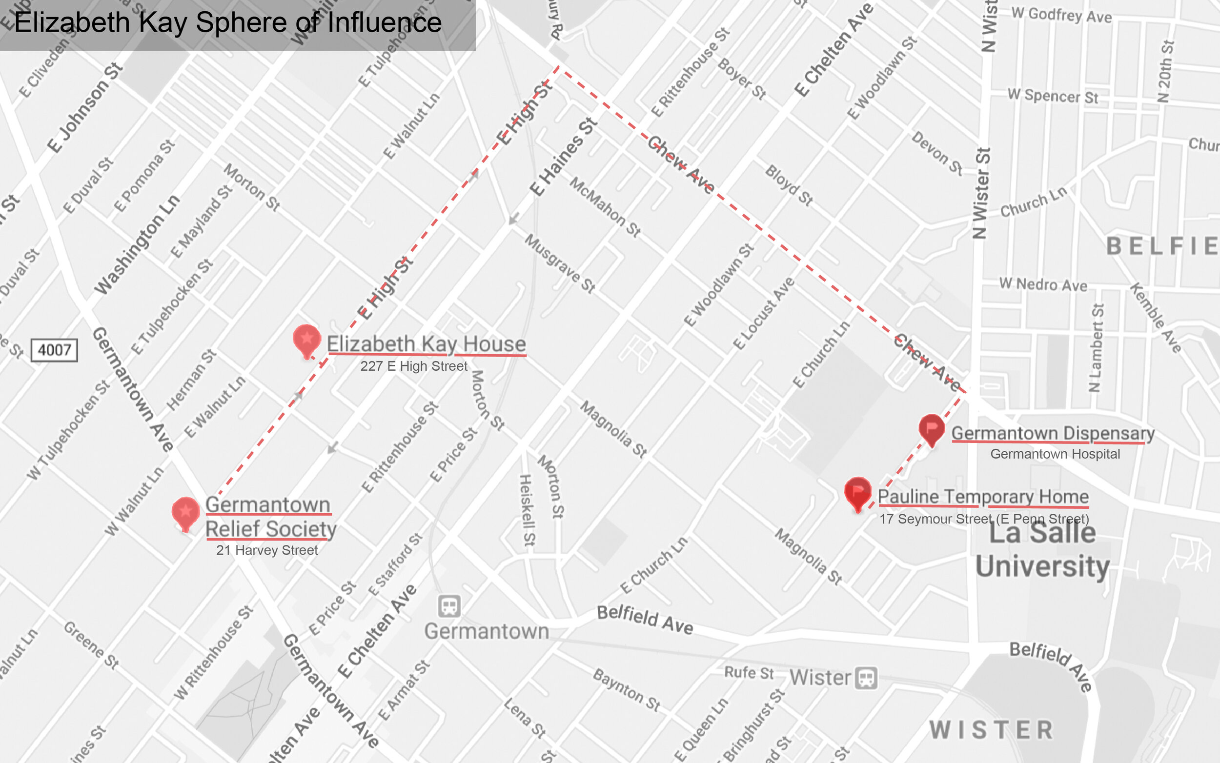  Figure 13: Sphere of influence for the life and works of Elizabeth Kay. (Google Maps modified by Author) 