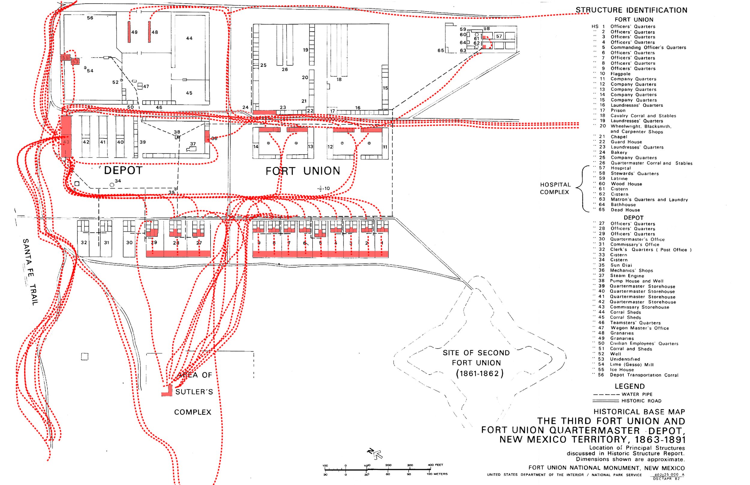  Figure 4. Map of foodways at Fort Union. Highlighted in red are all spaces where food was stored, consumed, or produced at Fort Union. The lines connecting them are surmised connections between food spaces. (Map annotated by author, adapted from a b