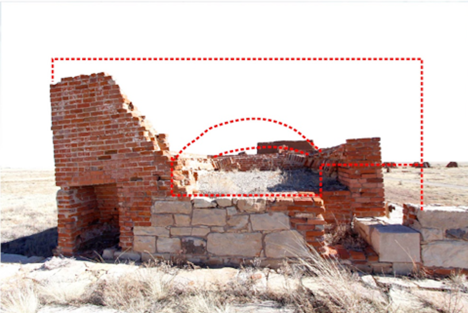  Figure 7. Photograph of the bakery ruins at Fort Union. Outlined in red is the rough shape the oven would have held. The opening to the left of the photo would have been a flu to even the temperature. The opening to the right was used to stoke the f