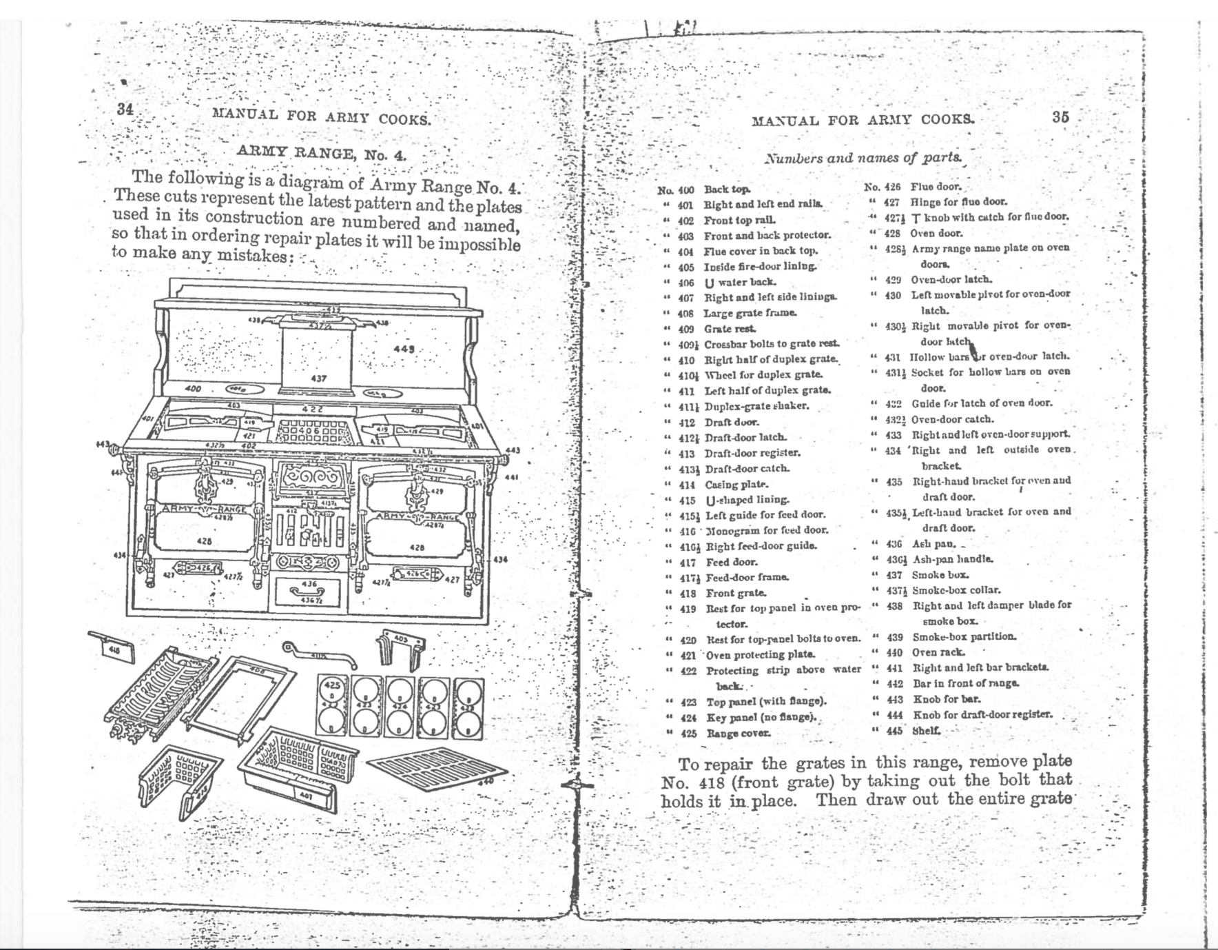  Figure 10. Schematic of a typical cast iron stove. (Manual for Army Cooks, 1883 in FOUN Archives). 