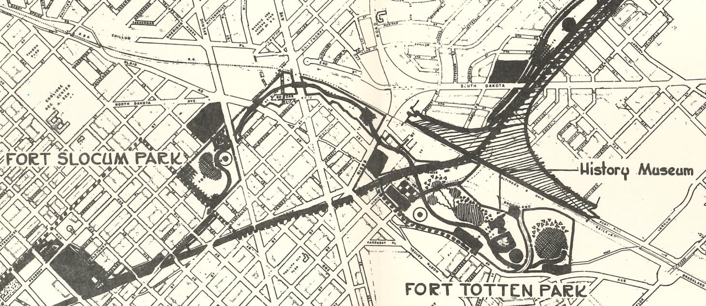  The 1965 Tuemmler report called for a winding pedestrian path through the cultural landscape, linking Fort Slocum Park and Fort Totten Park. (Excerpt from Tuemmler 1965)  
