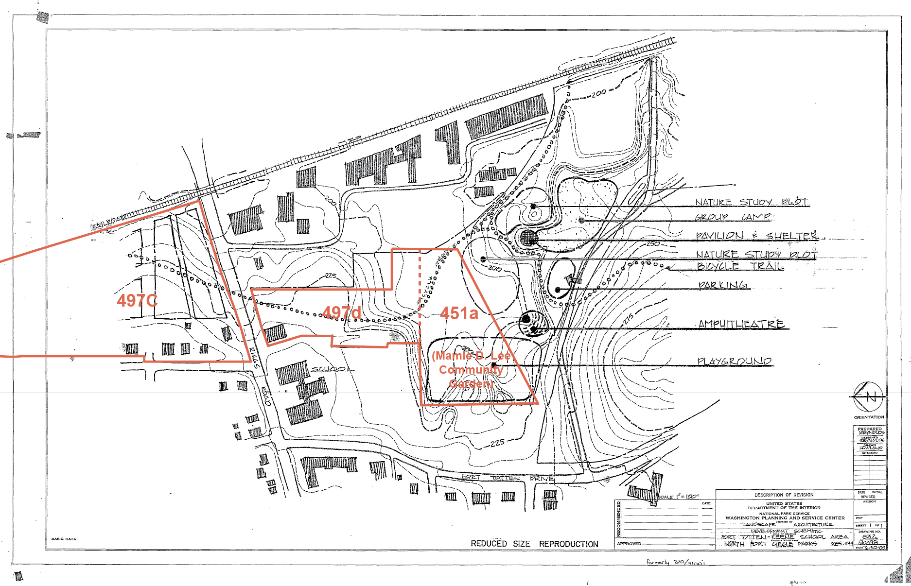 The 1968 Fort Circle Parks Master Plan called for a pedestrian/bicycle path (left) connecting Reservation 497(left), through Reservation 451a (pictured), to Fort Totten Park (right, off the map). The plan called for a playground, amphitheater, parki