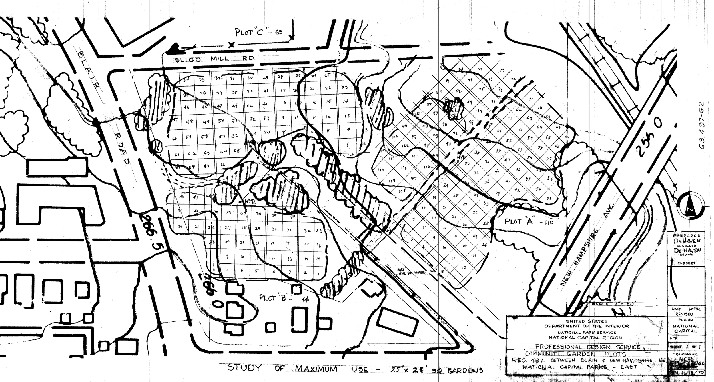  In 1979, under new community garden guidelines, NPS officials worked with Blair Road Community Garden members to map the garden’s layout. By this time the garden featured 110 plots that measured 25’ x 25.’ (TIC 832_8037 1965)  
