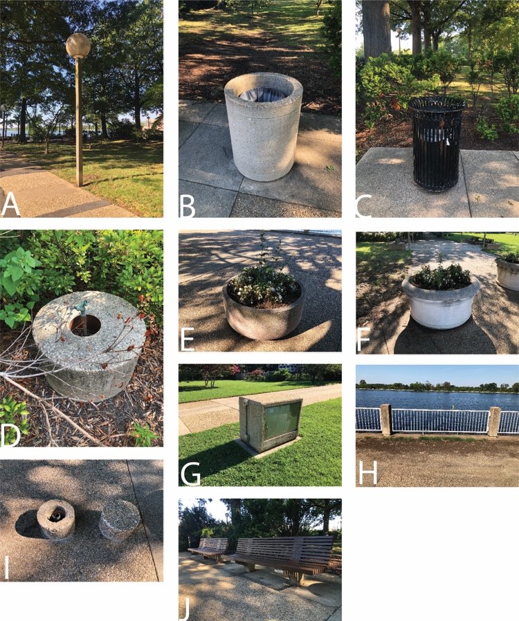  Sasaki’s design for the cultural landscape called for several custom small-scale features. Many of these remain in place amid limited non-contributing additions. Extant features include: (A) lighting, (B) trash cans, (C) trash can (non-contributing)