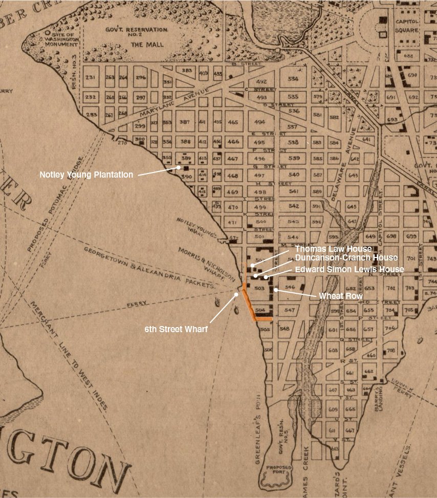  The Titanic Memorial cultural landscape, outlined in orange, was surrounded by some of the earliest real estate speculation in the District under the direction of the Greenleaf Syndicate. Excerpt from Historical map of the city of Washington, Distri