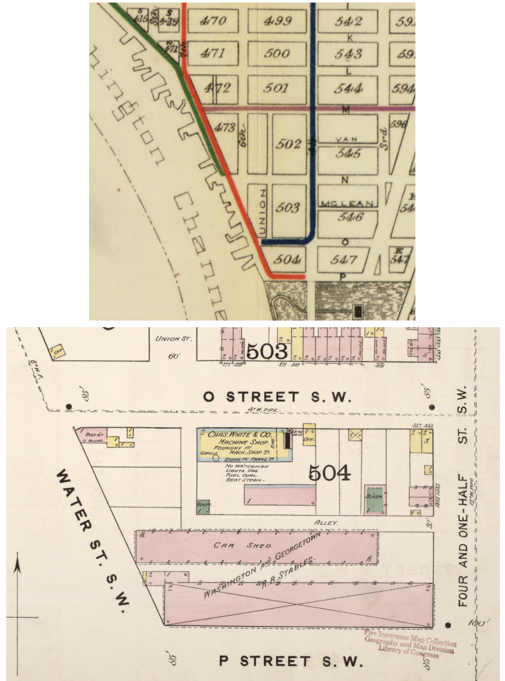   The Washington and Georgetown Railroad (red) extended their 7th Street line along Water Street SW and built a car barn and stable at P street SW circa 1870, which served as the southern terminus of the line. (Excerpts from Lusk, “Statistical Map. N