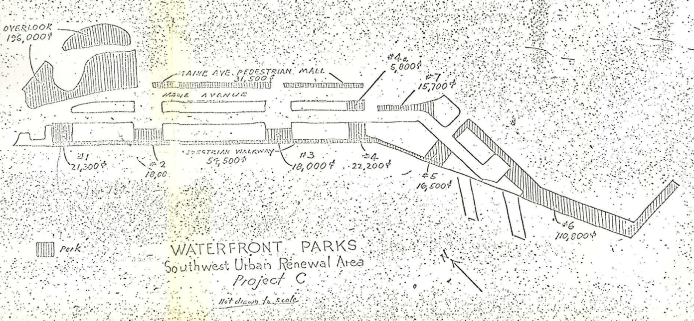  The Titanic Memorial Park cultural landscape was one of 7 parks proposed for the Southwest Urban Renewal Area Project C. Construction of park #6 began in 1967 and was the first of the new parks to be built. (Doc 04, Southwest Waterfront Park Files, 