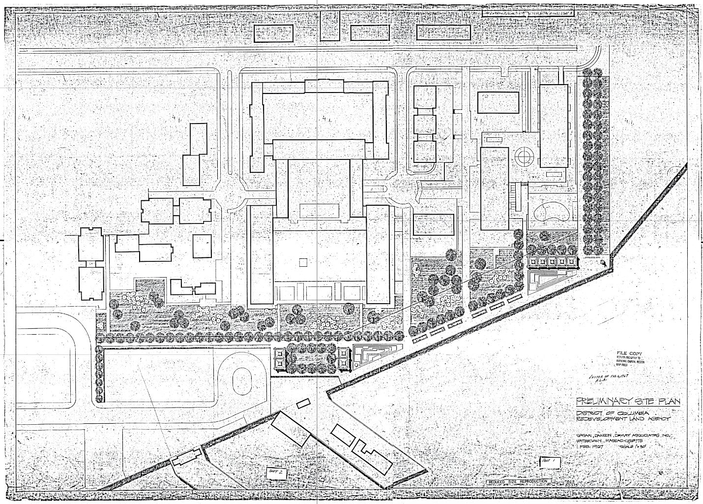  Sasaki, Dawson &amp; DeMay’s preliminary site plan for the Titanic Memorial Park cultural landscape called for tree-lined promenades, a northern lawn anchored by pavilions, two play areas, a southern row of pavilions, and a downsized Titanic Memoria
