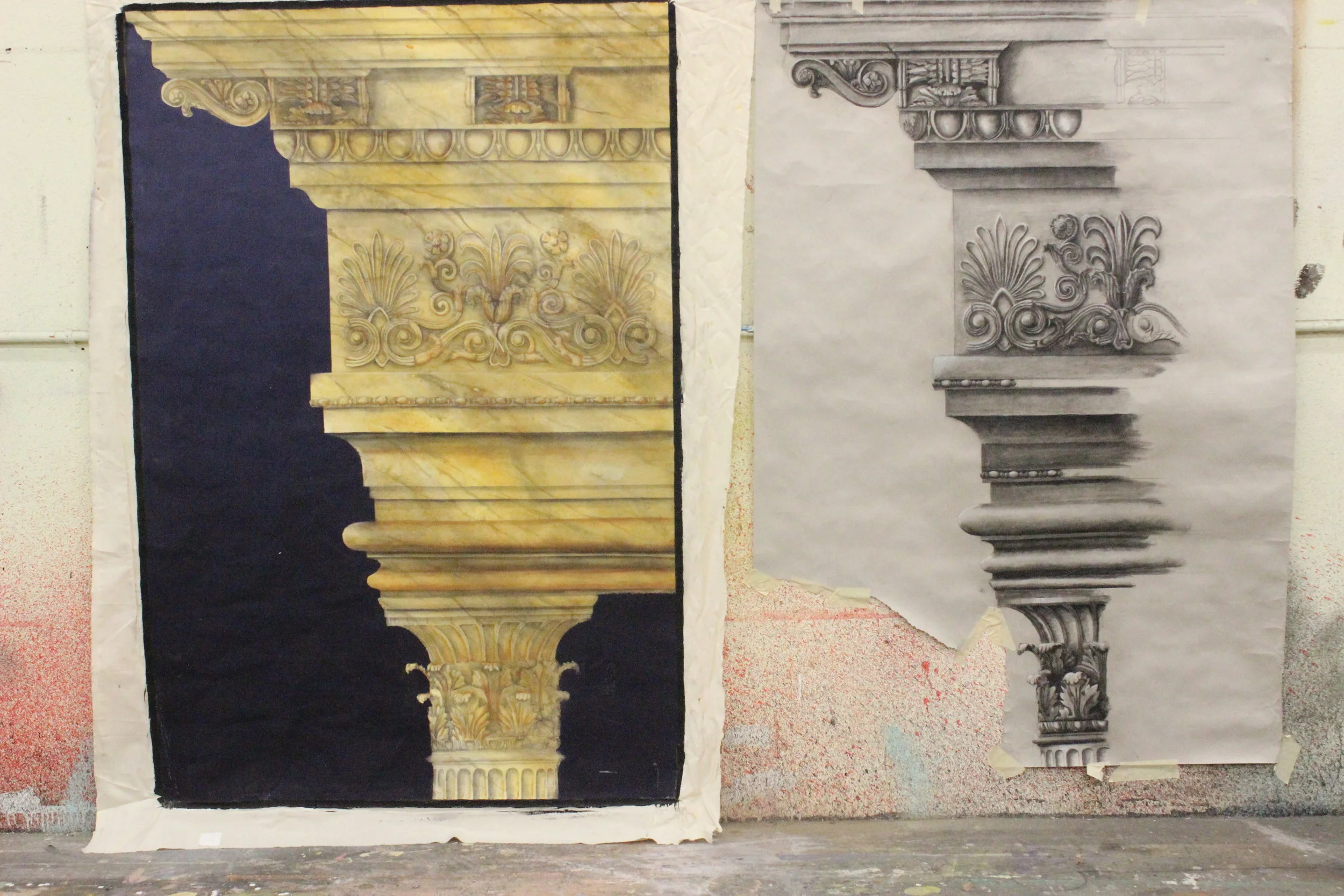   Graduate Studio Sample   Scenic Painting Study | Boston University  Class exercise: Imaginary Architecture Scene Painting and Charcoal Cartoon 