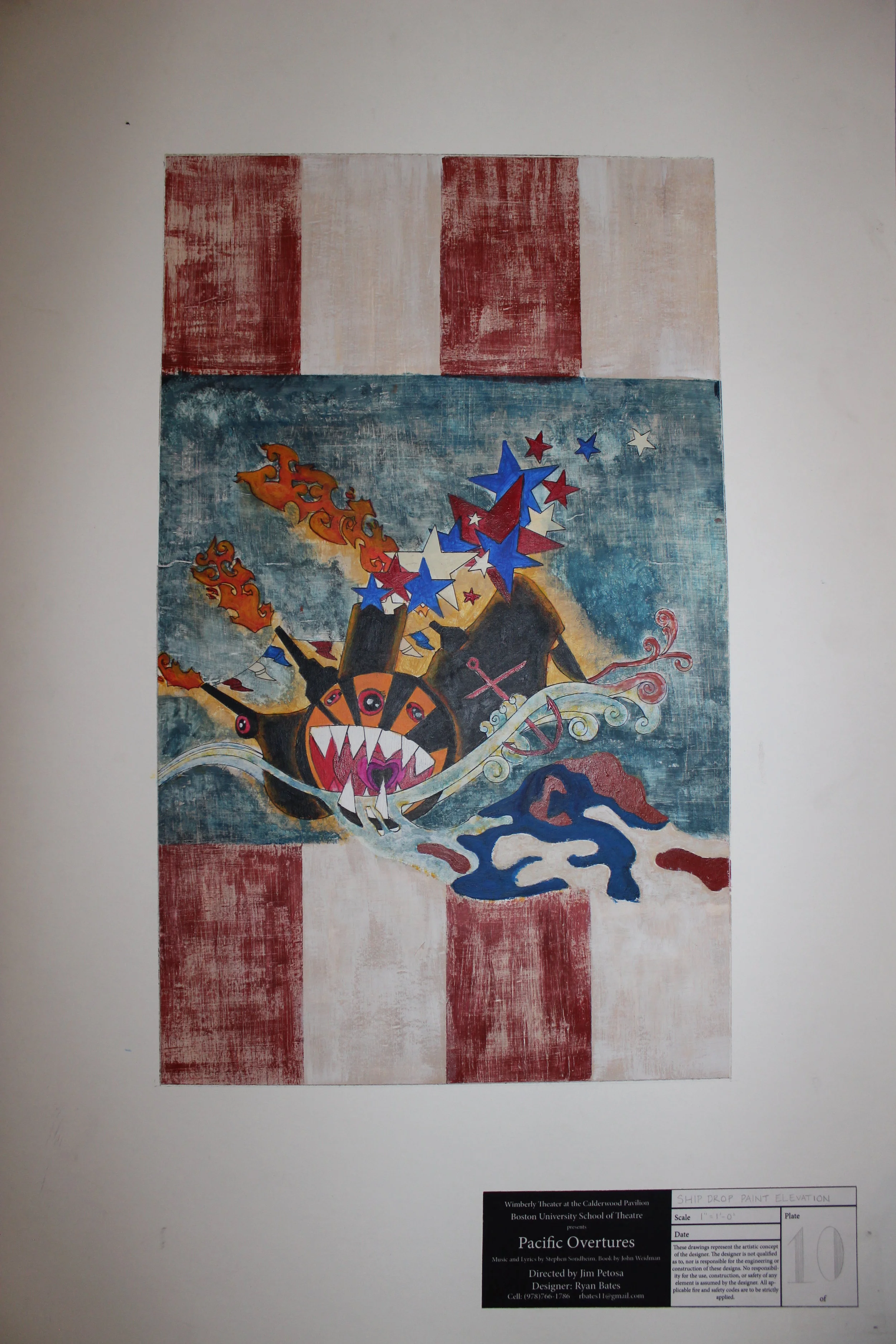   Paint Elevation - “Four Black Dragons” Drop   for Pacific Overtures | Boston University School of Theatre 