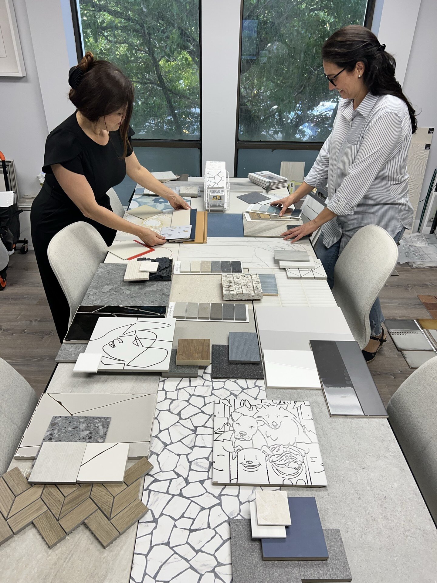 #materialsmonday @Trinitytile collaborating on our finish selections, check out the sneak peak of all the goods! #vendorappreciation #tile #interiordesign #interiordesigners #designwithoneline