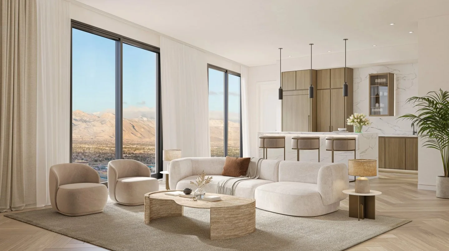 #SaturdaySpotlight Step inside the Cello Tower at Symphony Park model unit&mdash;where modern elegance meets elevated living. Expansive windows frame breathtaking views, while warm neutral tones, refined finishes, and an open-concept design create a 