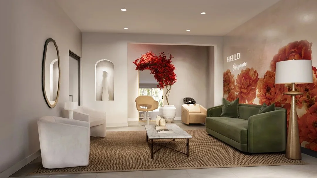 #SundayShowcase A glimpse at one of our on-the-boards glam rooms&mdash;where soft neutrals meet bold moments. From the sculptural seating and warm textures to the statement floral feature and vibrant mural, every detail is designed to feel elevated, 