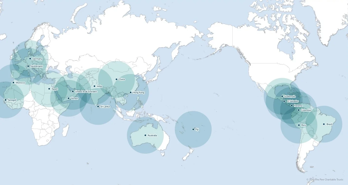 Countries who hosted CITES Shark and Ray implementation trainings from 2013-2015 | The Pew Charitable Trusts