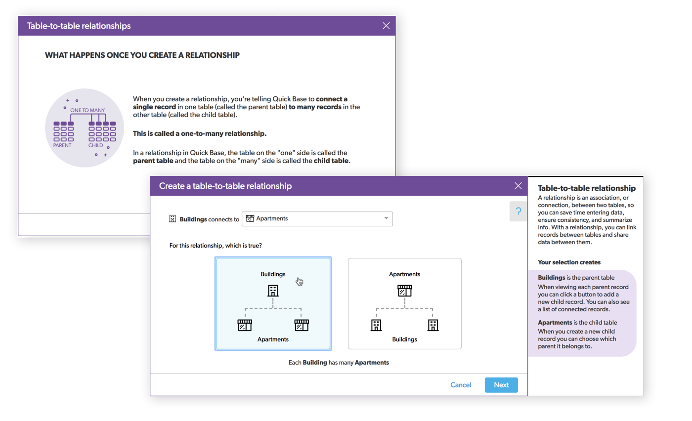 A key distinction between spreadsheets and databases is the ability to relate records in different table of data. This is powerful, but the concept is new to most people used to managing data in spreadsheets only. The in-context guidance, using illustrations and plain English, informs and trains builders as they use this feature. And of course, the help text can be hidden when no longer needed.