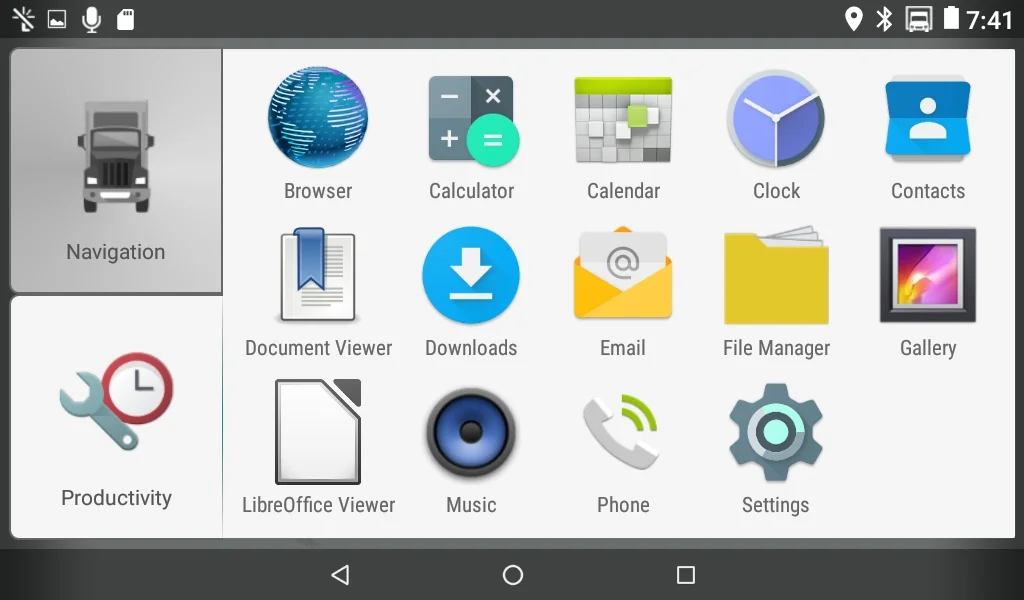 5. In this, the productivity section, you’ll find optional email if connected with your phone as well as contacts, calculator, phone, and the actual device settings (Which can also be found on the homescreen) . It is not recommended you change any settings in this as it will be much harder to troubleshoot what you’ve changed. The exception to this is if you’re following directions from IT or this guide.