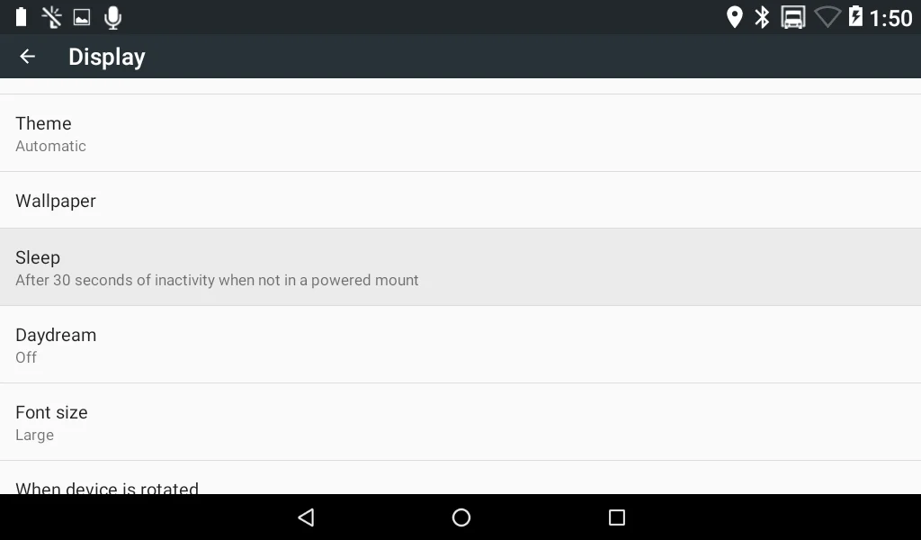8. The Sleep option is where you can change the duration in which the screen shuts off when the device is undocked. By default it is set to 30 seconds.