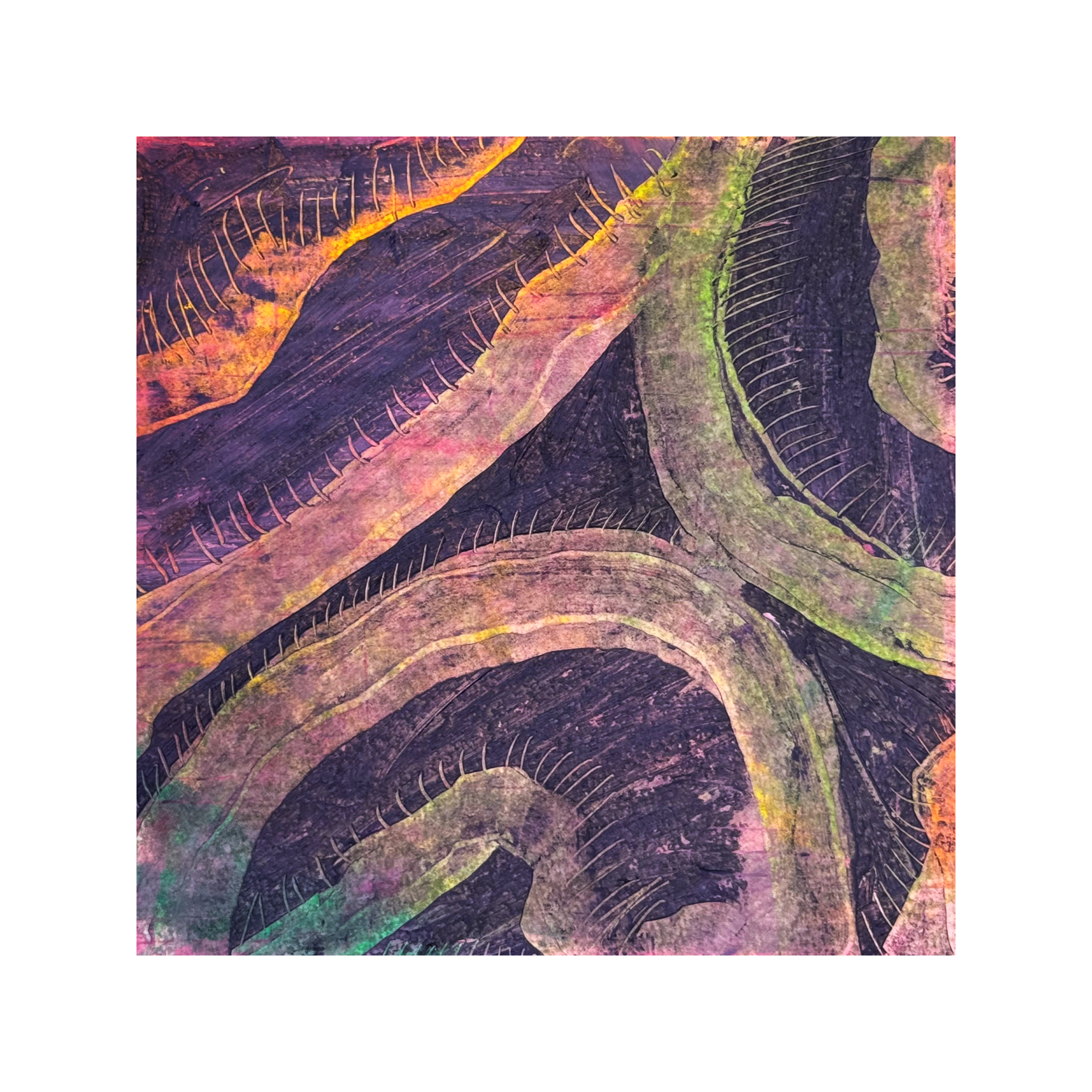   "Mended by Your Voice"   8 x 8 inches / R&amp;F Drawing Oil Sticks / Rubber Brush Pens / 140 lb (300 gsm), acid-free, cold press watercolor paper   Artist’s Note      There is quiet beauty in a mended wound. It speaks of past pain and patient endur