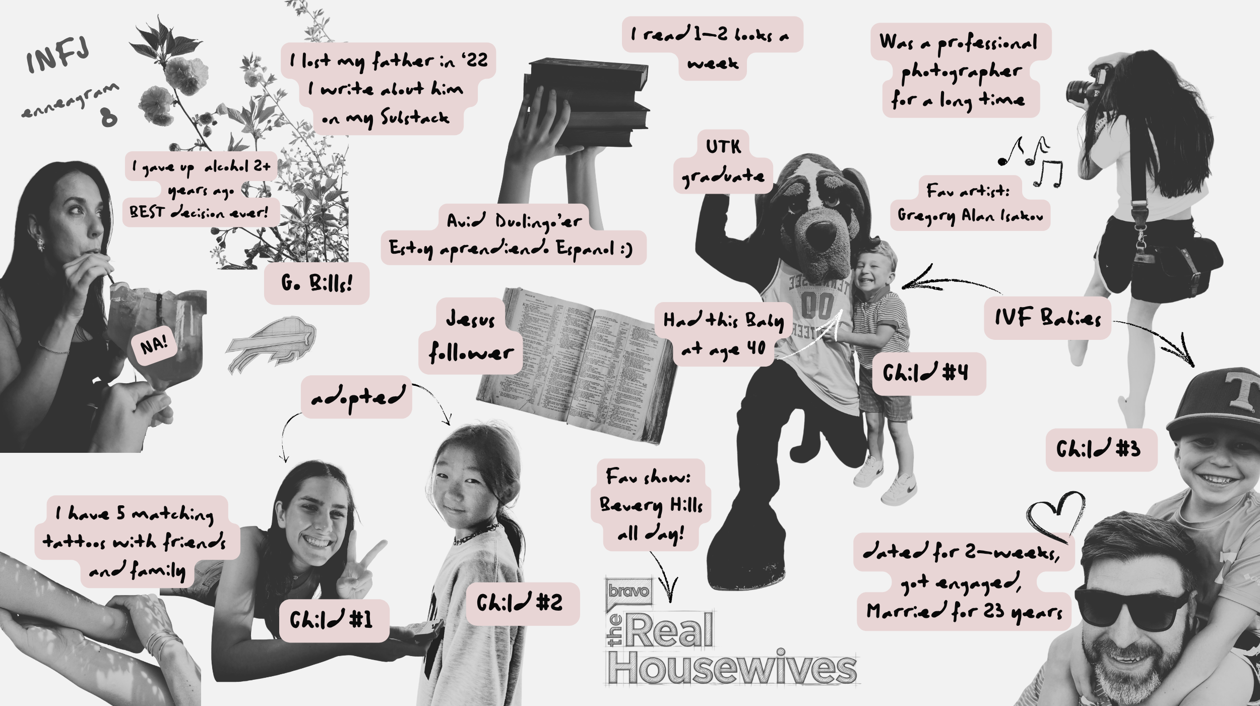 A collage of black-and-white and color photos of people and pets with handwritten notes and labels, some tattoos, books, and musical notes, related to real housewives and personal interests.