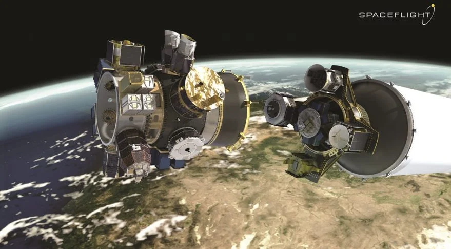 The silver ring depicted in the Spaceflight illustration above is an ESPA ring developed by Moog under a U.S. Air Force contract. The black ring is called Hub and was manufactured by Airbus Defence and Space. It is similar to the ESPA Grande payload adapter.