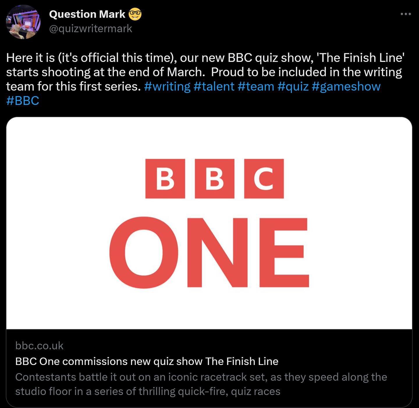Here it is (it's official this time), our new BBC quiz show, 'The Finish Line' starts shooting at the end of March.  Proud to be included in the writing team for this first series. #writing #talent #team #quiz #gameshow #BBC