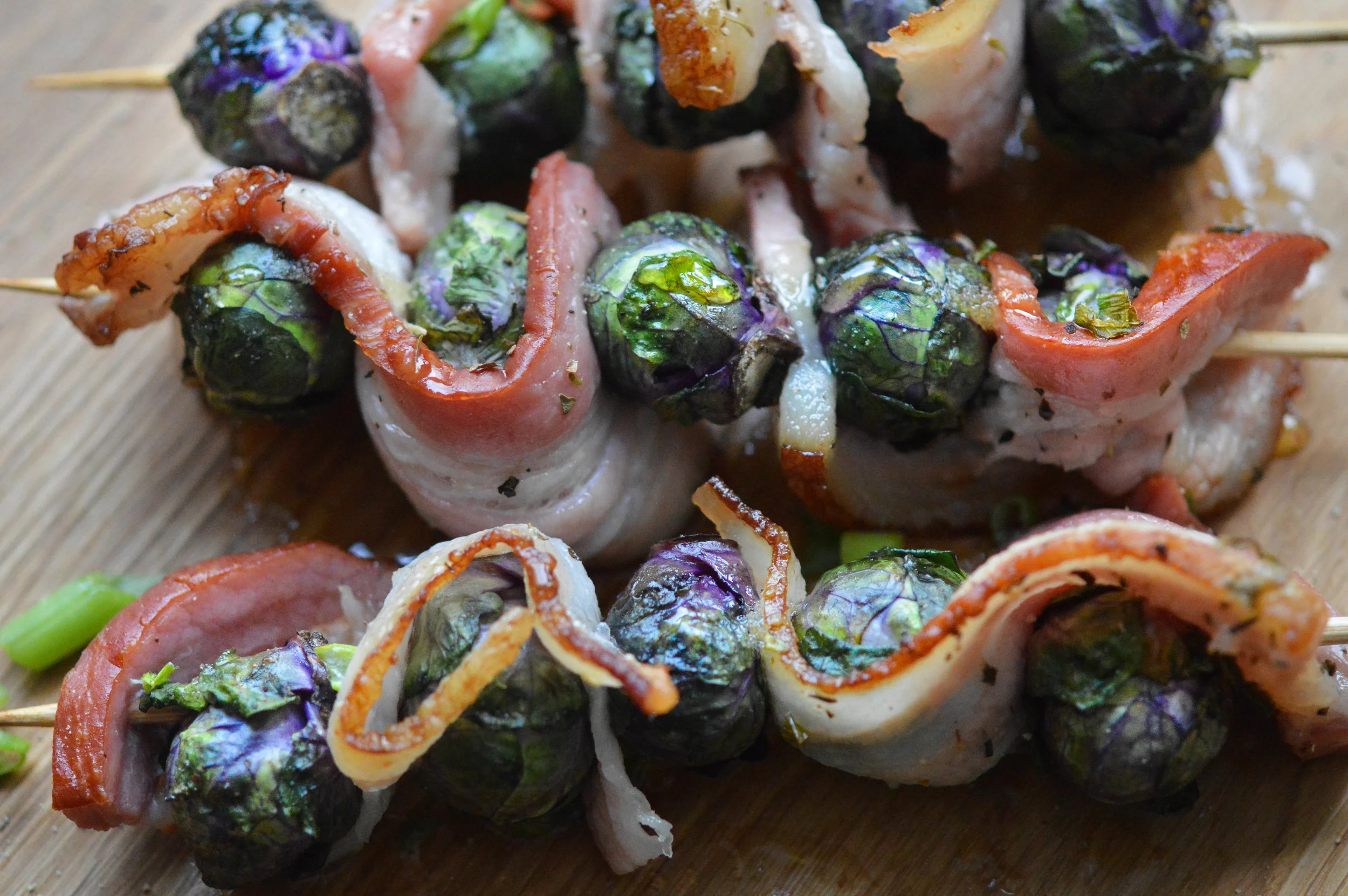 Bacon and brussel kebabs