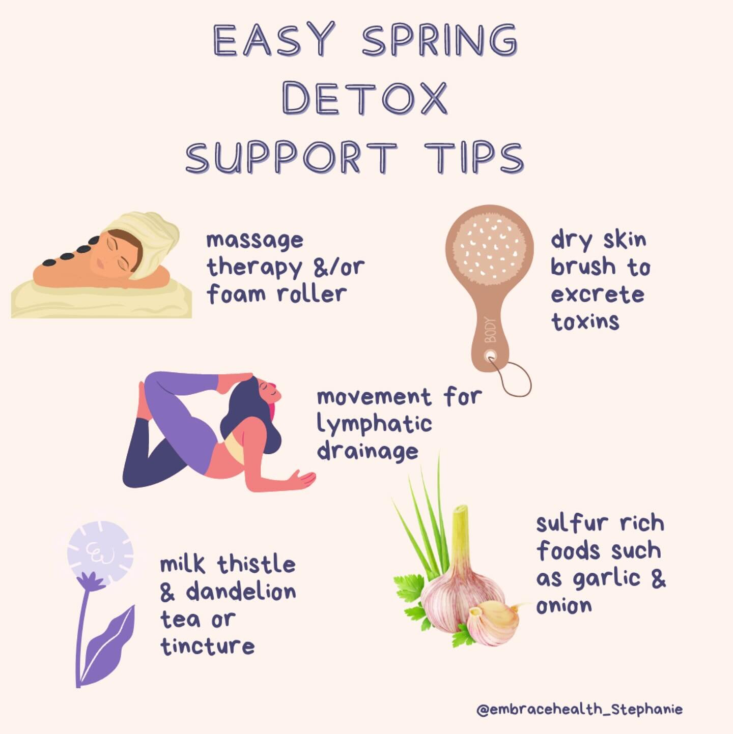 🎉Here are five easy ways to give your body detox love on the daily.

☀️Massage or Foam Rolling
Our lymphatic system protects us from infection and illness by trapping microbes found in our tissues (mostly bacteria we pick up from the environment) an