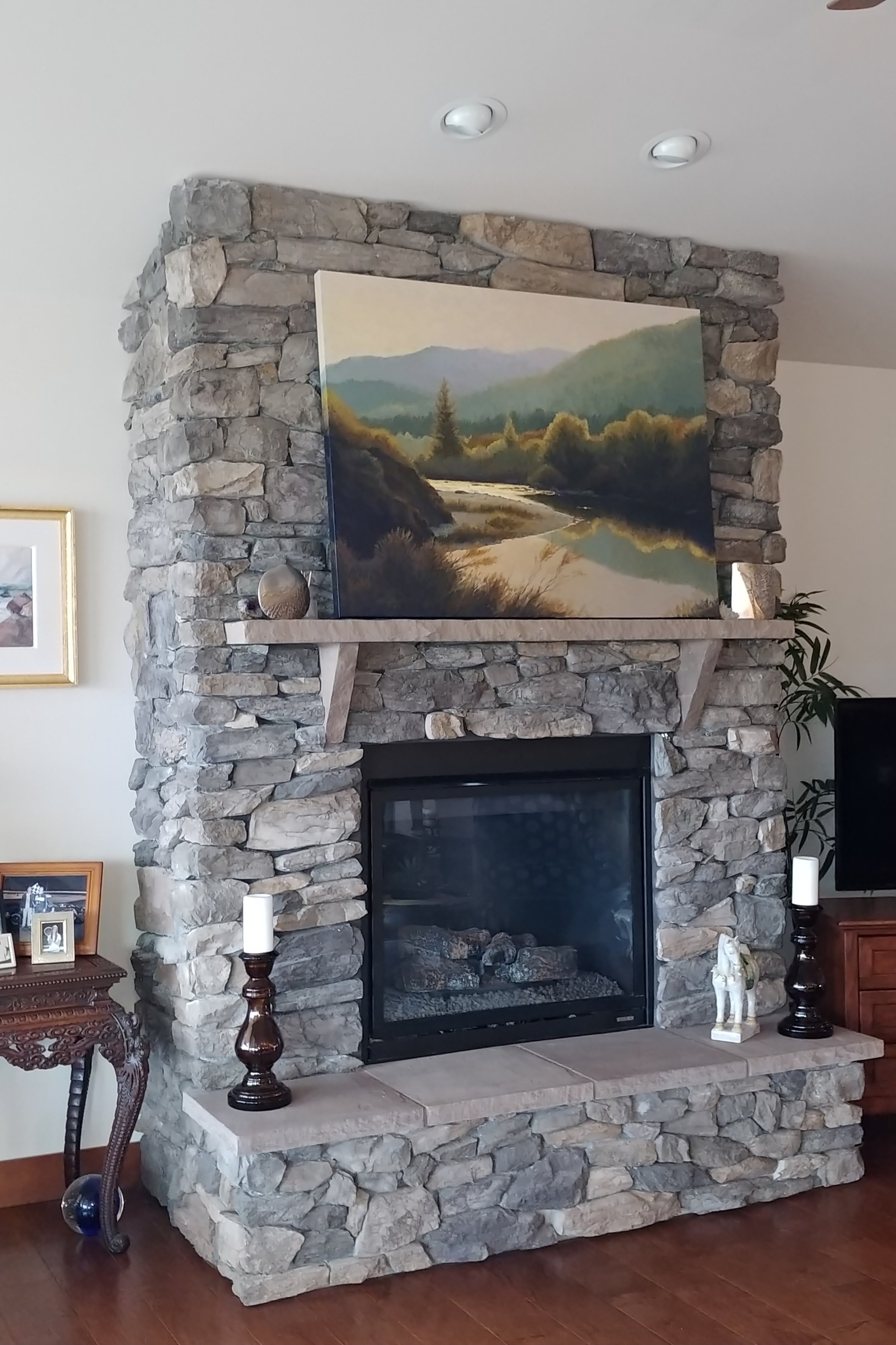  Local Stone Face, Stone Mantle &amp; Raised Hearth with Gas Fireplace  