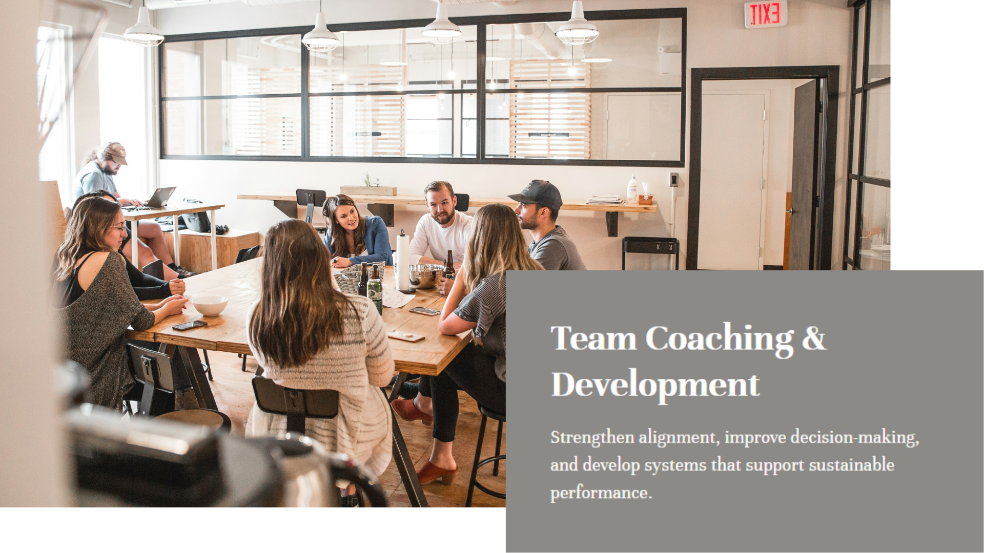 Image of team collaborating. Team Coaching & Development; Strengthen alignment, improve decision-making, and develop systems that support sustainable performance.