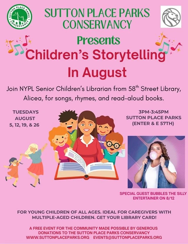 August is Storytelling Month in Sutton Parks 📚

Join us for Children&rsquo;s Storytelling Month every Tuesday in August, 3:00&ndash;3:45 PM at the 56th Street Plaza (weather permitting).

Alicia-Porterfield Brock, Senior Children&rsquo;s Librarian f